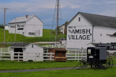 A peaceful Amish village inhabited by barns.